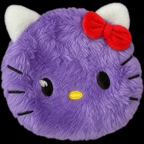Purple fluffy coin pouch with a red bow, shown as a prize example
